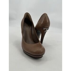 Tory Burch Jude Leather Platform Pumps Logo‎ Heels Shoes Taupe/Tan Women's Sz 7M